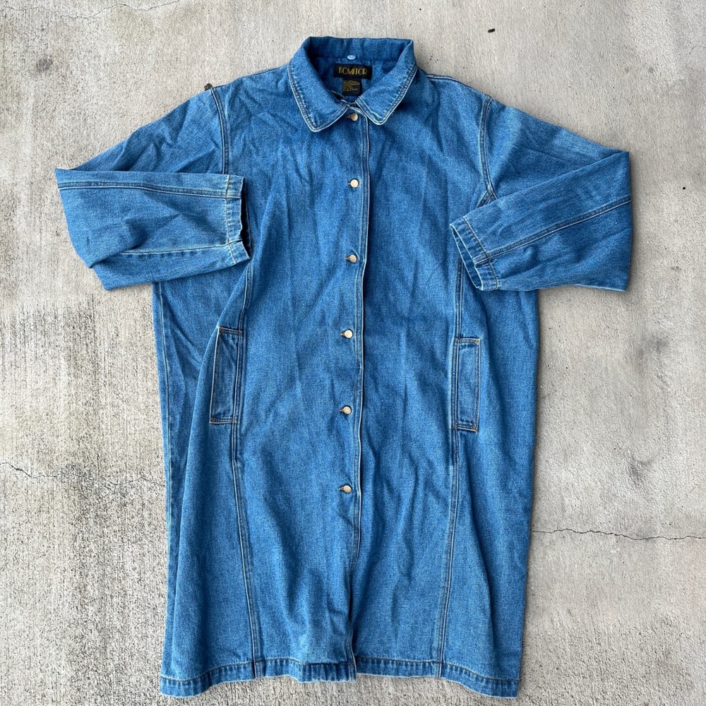 KOMITOR Denim Trench coat Jacket Button Front Collared Blue  2XL